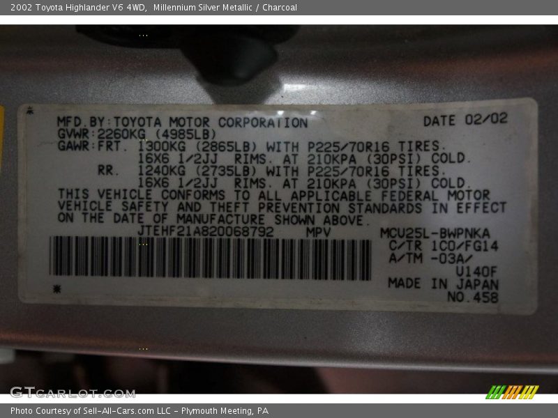 Millennium Silver Metallic / Charcoal 2002 Toyota Highlander V6 4WD