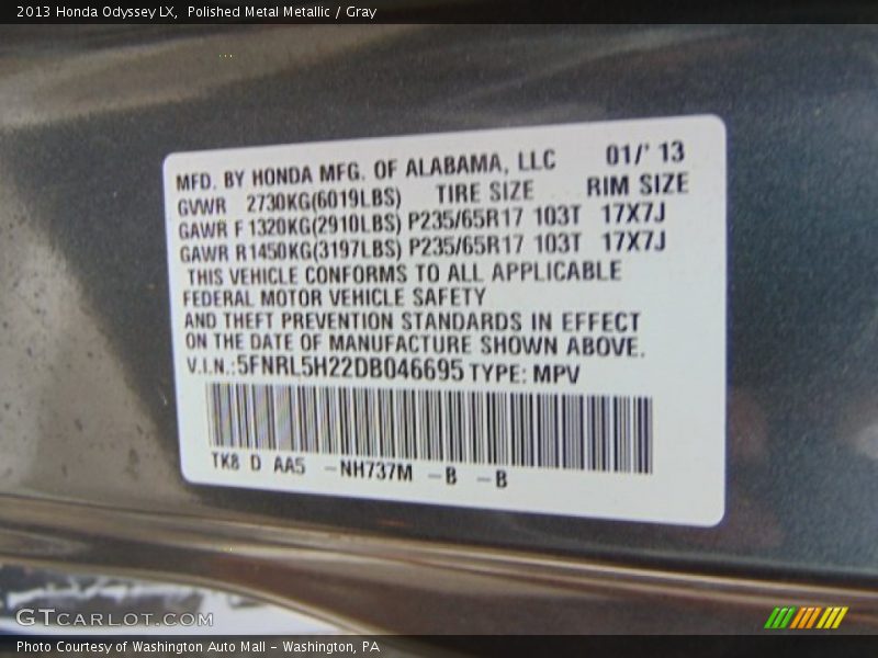 Polished Metal Metallic / Gray 2013 Honda Odyssey LX