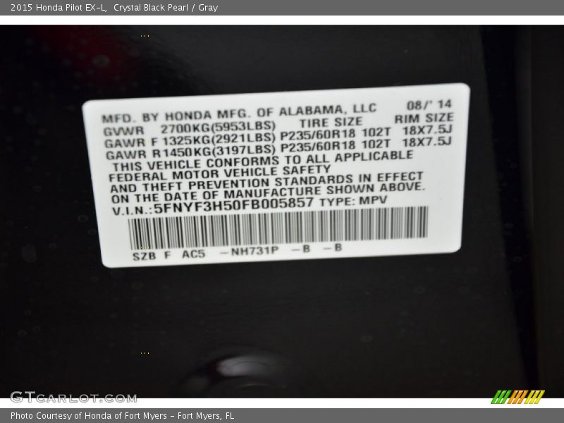 Crystal Black Pearl / Gray 2015 Honda Pilot EX-L