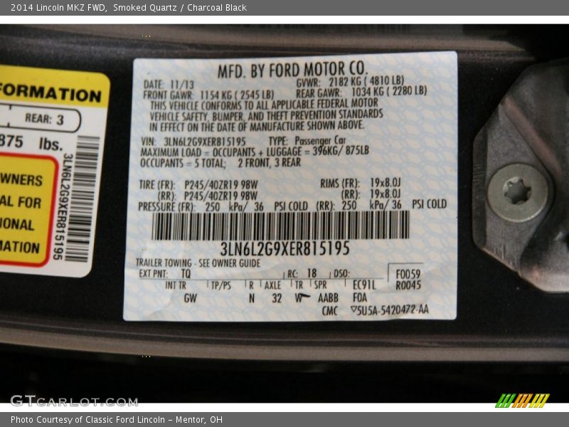 Smoked Quartz / Charcoal Black 2014 Lincoln MKZ FWD