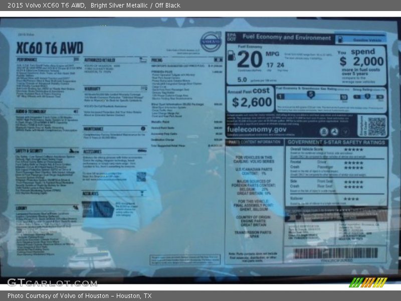 Bright Silver Metallic / Off Black 2015 Volvo XC60 T6 AWD
