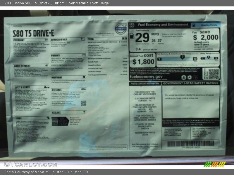 Bright Silver Metallic / Soft Beige 2015 Volvo S80 T5 Drive-E