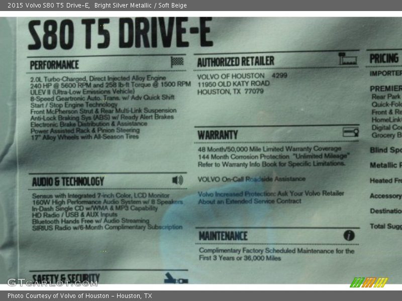 Bright Silver Metallic / Soft Beige 2015 Volvo S80 T5 Drive-E