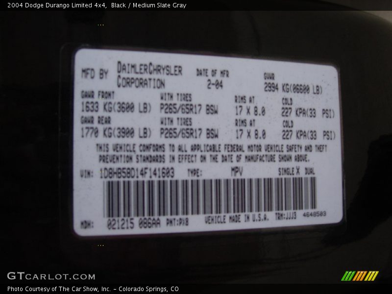 2004 Durango Limited 4x4 Black Color Code PX8