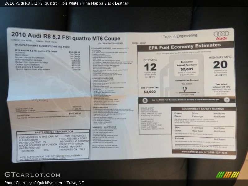  2010 R8 5.2 FSI quattro Window Sticker