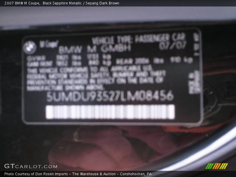 Black Sapphire Metallic / Sepang Dark Brown 2007 BMW M Coupe