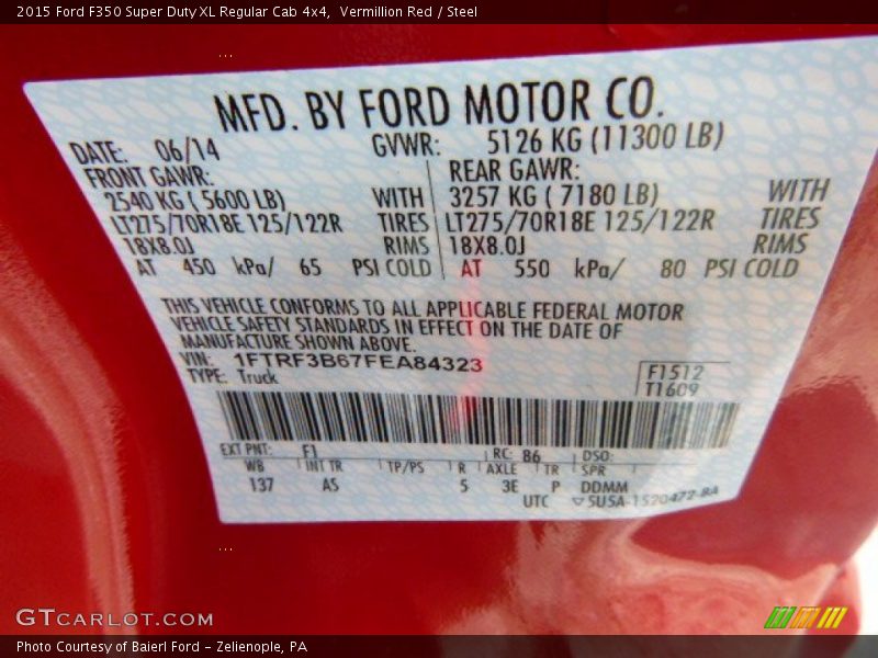 2015 F350 Super Duty XL Regular Cab 4x4 Vermillion Red Color Code F1