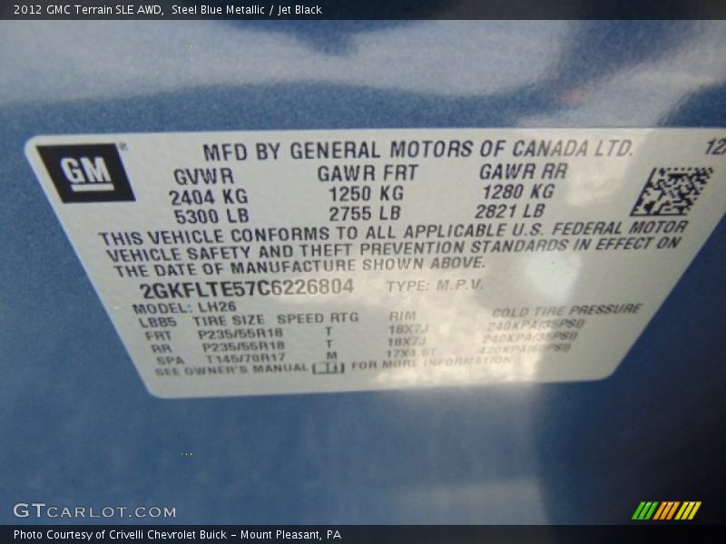 Steel Blue Metallic / Jet Black 2012 GMC Terrain SLE AWD