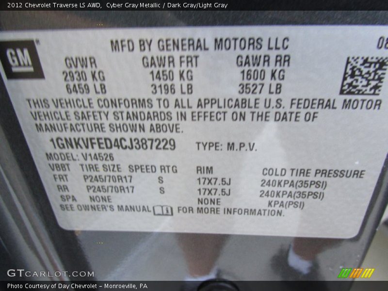 Cyber Gray Metallic / Dark Gray/Light Gray 2012 Chevrolet Traverse LS AWD