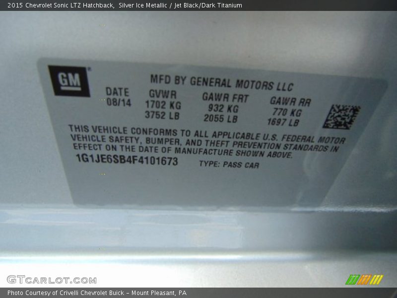 Silver Ice Metallic / Jet Black/Dark Titanium 2015 Chevrolet Sonic LTZ Hatchback