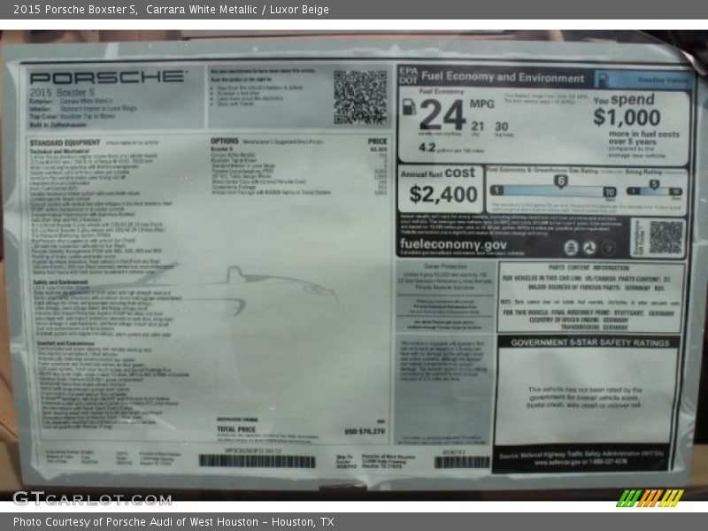  2015 Boxster S Window Sticker