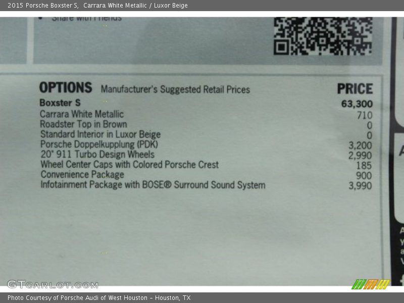  2015 Boxster S Window Sticker