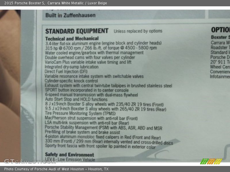  2015 Boxster S Window Sticker