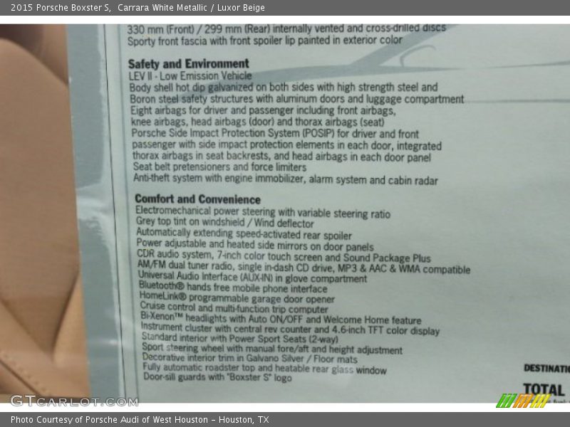  2015 Boxster S Window Sticker