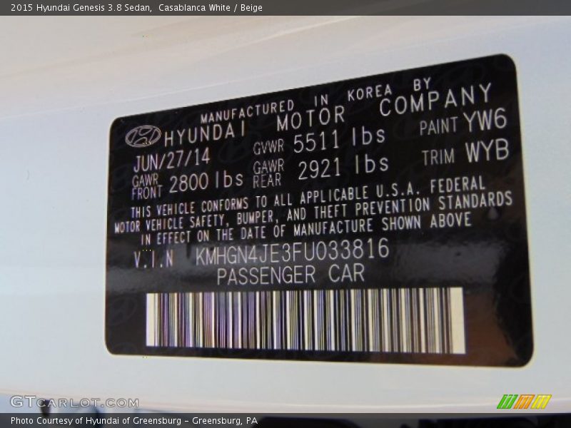 Casablanca White / Beige 2015 Hyundai Genesis 3.8 Sedan