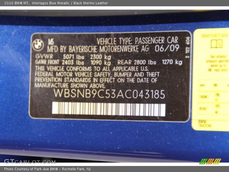 Interlagos Blue Metallic / Black Merino Leather 2010 BMW M5