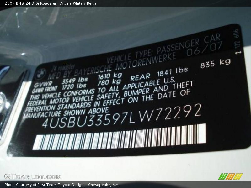 Alpine White / Beige 2007 BMW Z4 3.0i Roadster