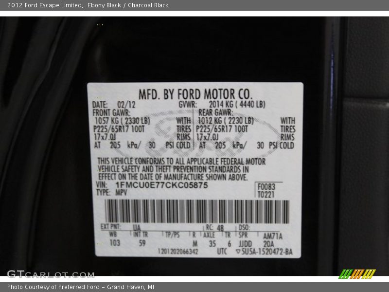 Ebony Black / Charcoal Black 2012 Ford Escape Limited