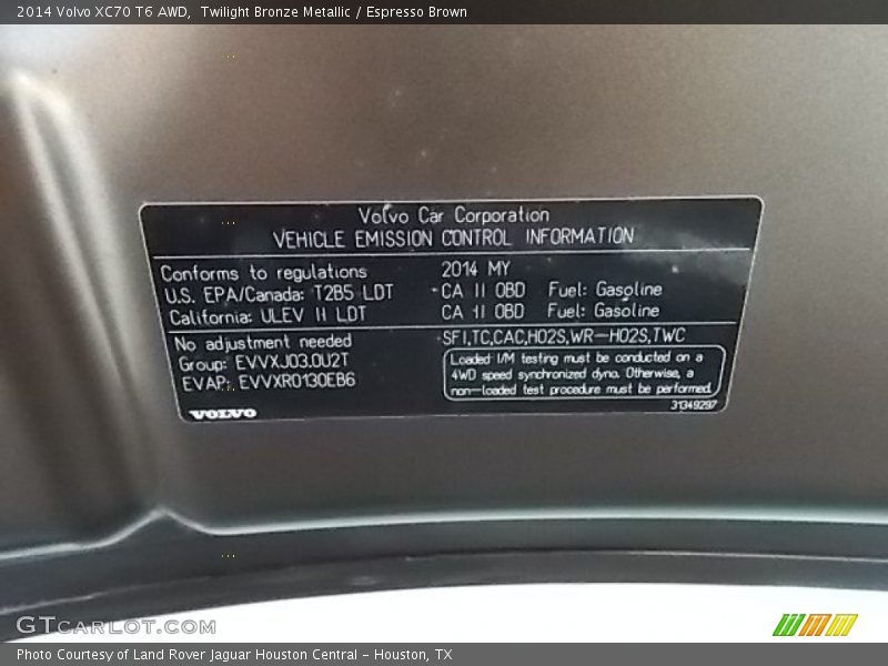 Info Tag of 2014 XC70 T6 AWD