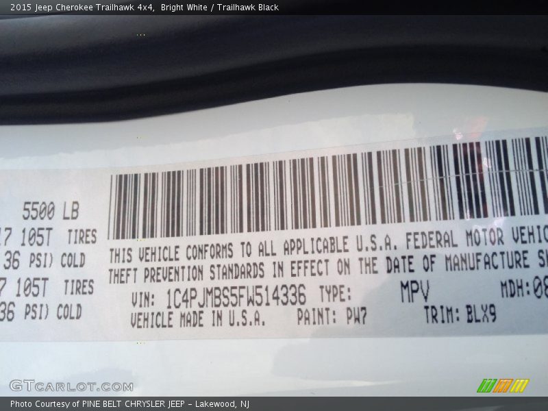 2015 Cherokee Trailhawk 4x4 Bright White Color Code PW7