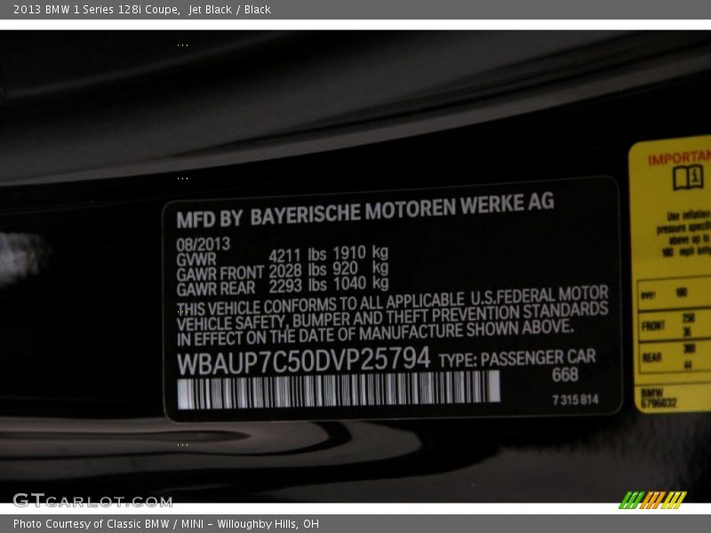 Jet Black / Black 2013 BMW 1 Series 128i Coupe