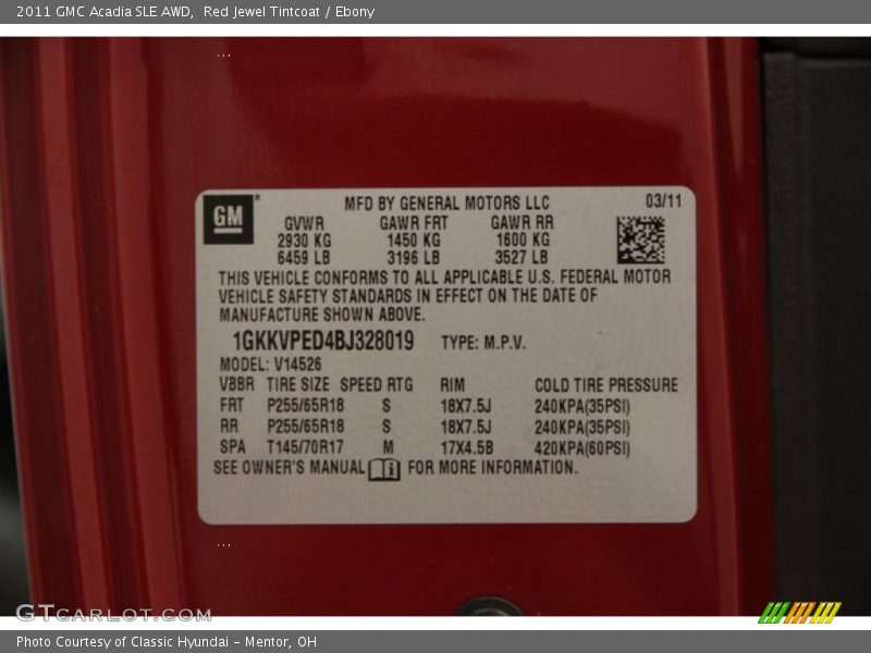 Red Jewel Tintcoat / Ebony 2011 GMC Acadia SLE AWD