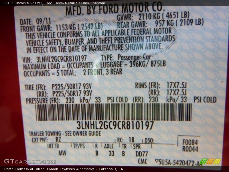 Red Candy Metallic / Dark Charcoal 2012 Lincoln MKZ FWD