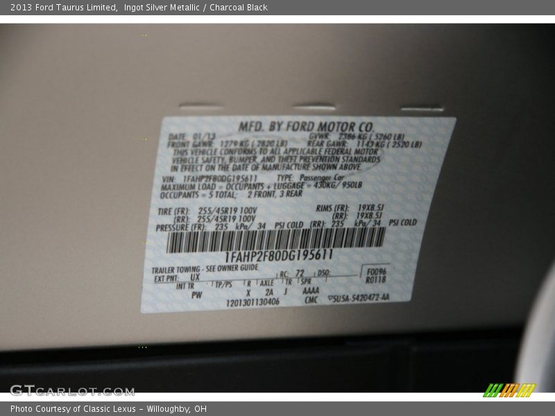 Ingot Silver Metallic / Charcoal Black 2013 Ford Taurus Limited