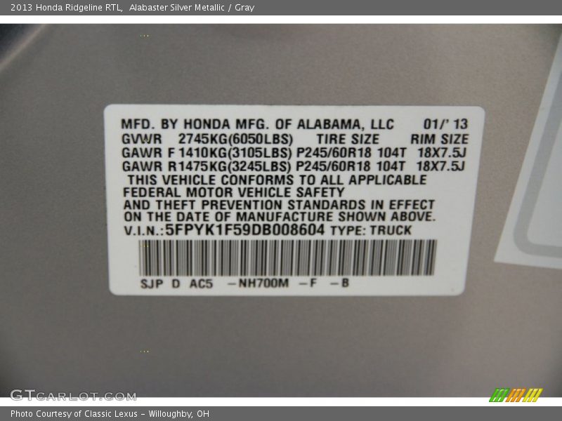 Alabaster Silver Metallic / Gray 2013 Honda Ridgeline RTL