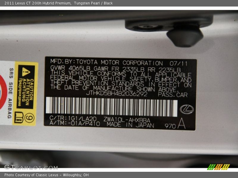 2011 CT 200h Hybrid Premium Tungsten Pearl Color Code 1G1