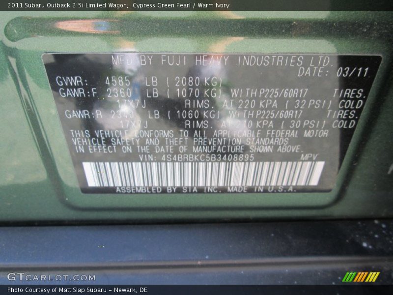 Cypress Green Pearl / Warm Ivory 2011 Subaru Outback 2.5i Limited Wagon