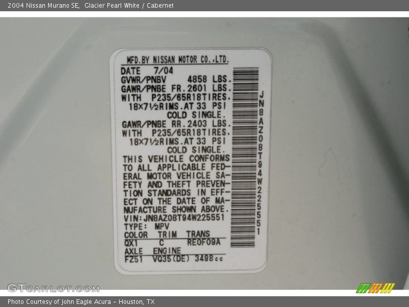 Glacier Pearl White / Cabernet 2004 Nissan Murano SE