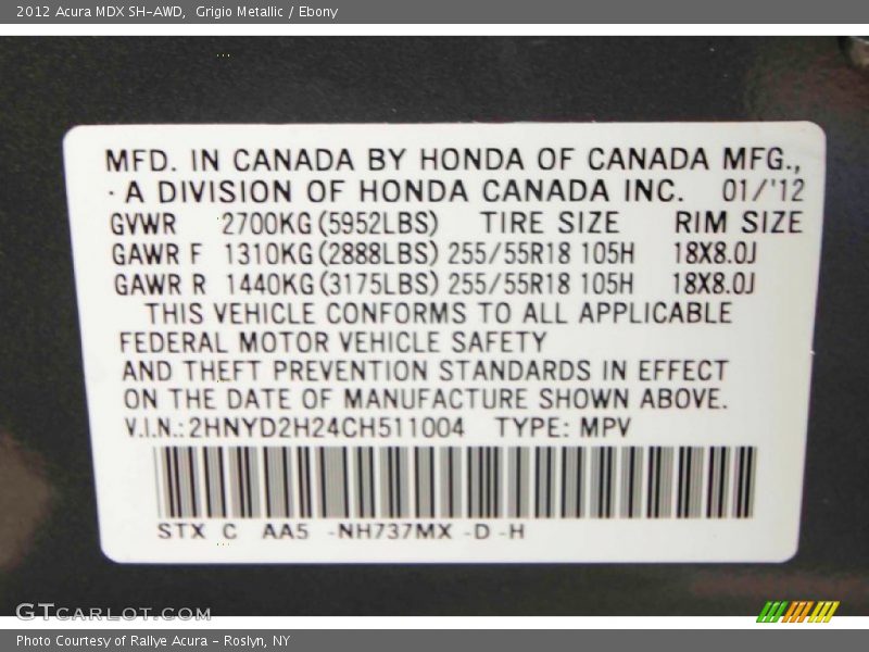 Grigio Metallic / Ebony 2012 Acura MDX SH-AWD