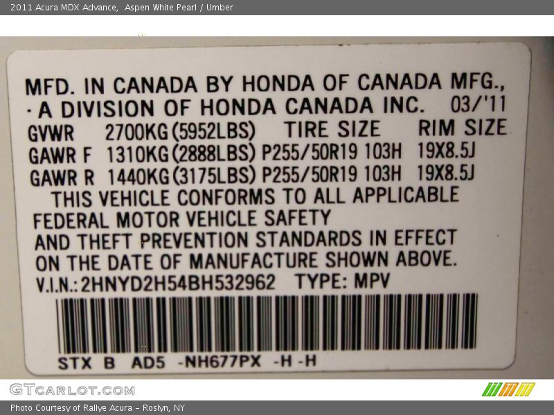 Aspen White Pearl / Umber 2011 Acura MDX Advance