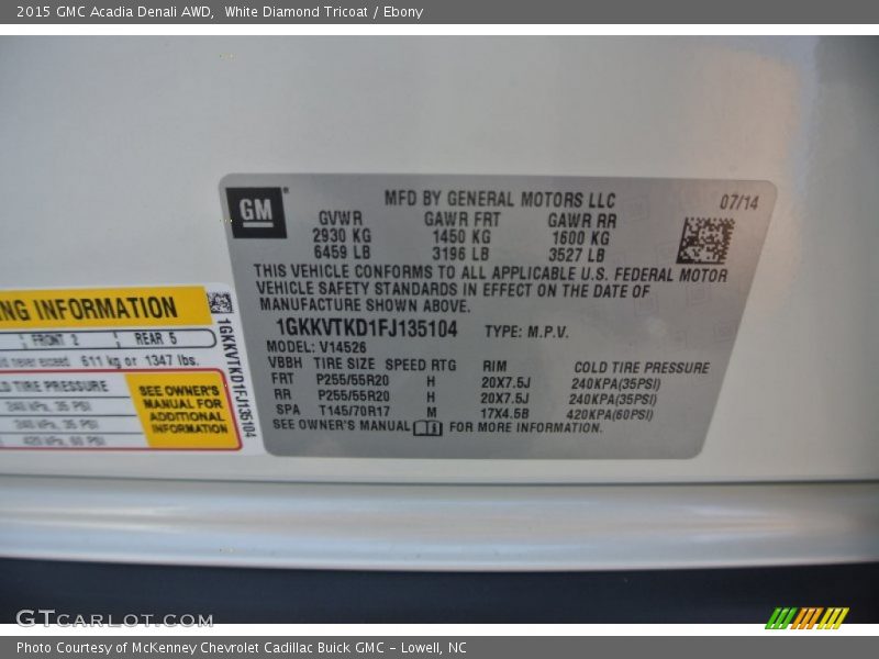 White Diamond Tricoat / Ebony 2015 GMC Acadia Denali AWD