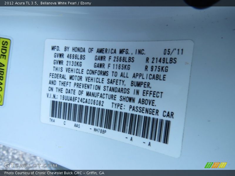 Bellanova White Pearl / Ebony 2012 Acura TL 3.5