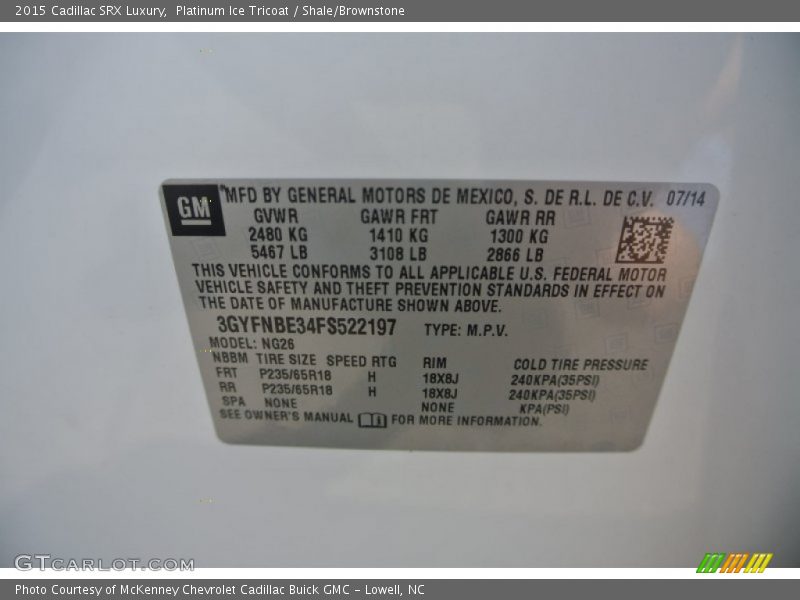 Platinum Ice Tricoat / Shale/Brownstone 2015 Cadillac SRX Luxury