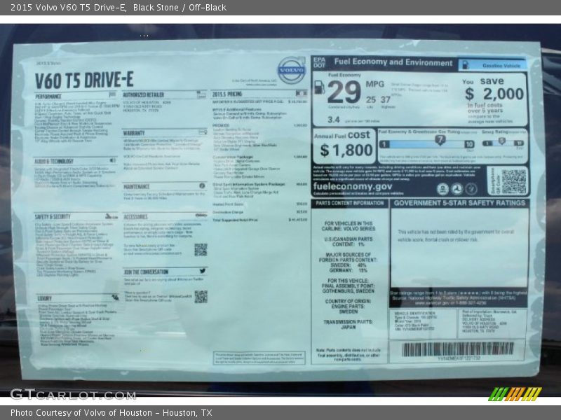  2015 V60 T5 Drive-E Window Sticker