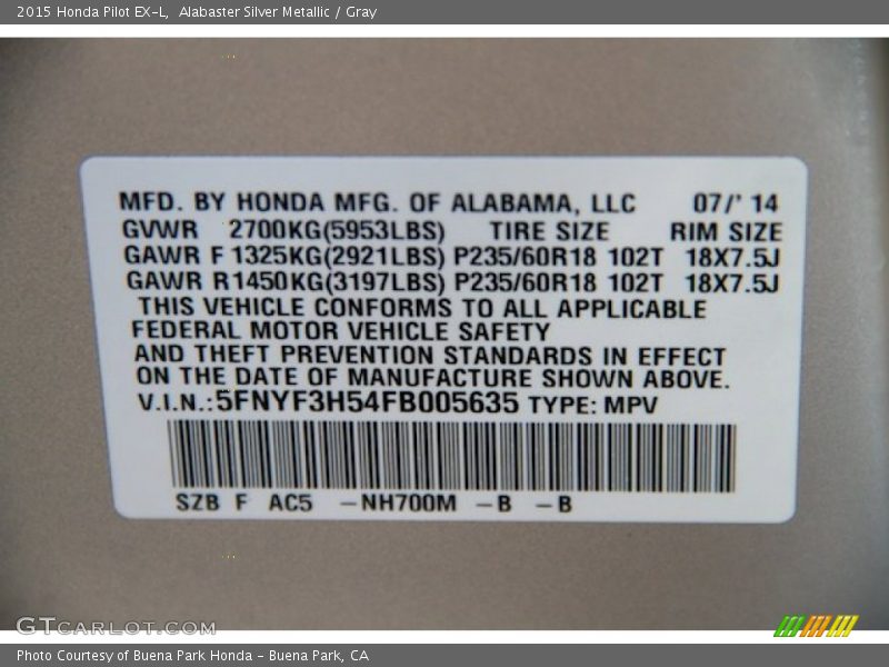 Alabaster Silver Metallic / Gray 2015 Honda Pilot EX-L