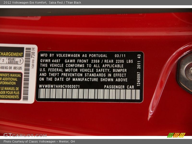 Salsa Red / Titan Black 2012 Volkswagen Eos Komfort