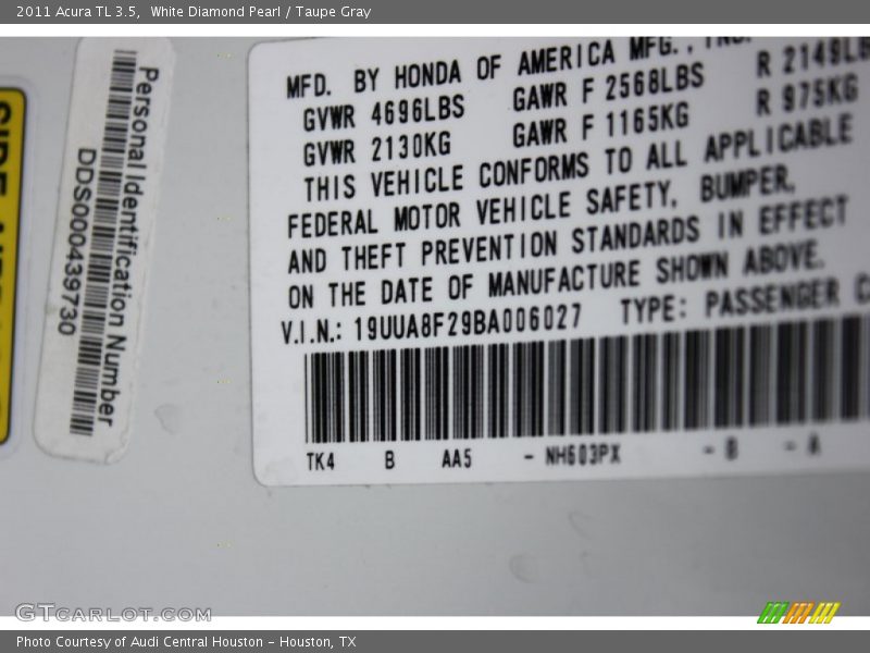 White Diamond Pearl / Taupe Gray 2011 Acura TL 3.5