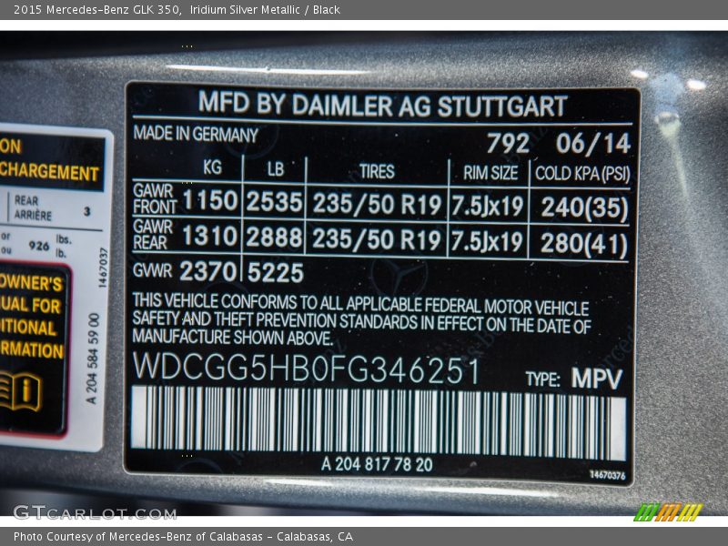 Iridium Silver Metallic / Black 2015 Mercedes-Benz GLK 350