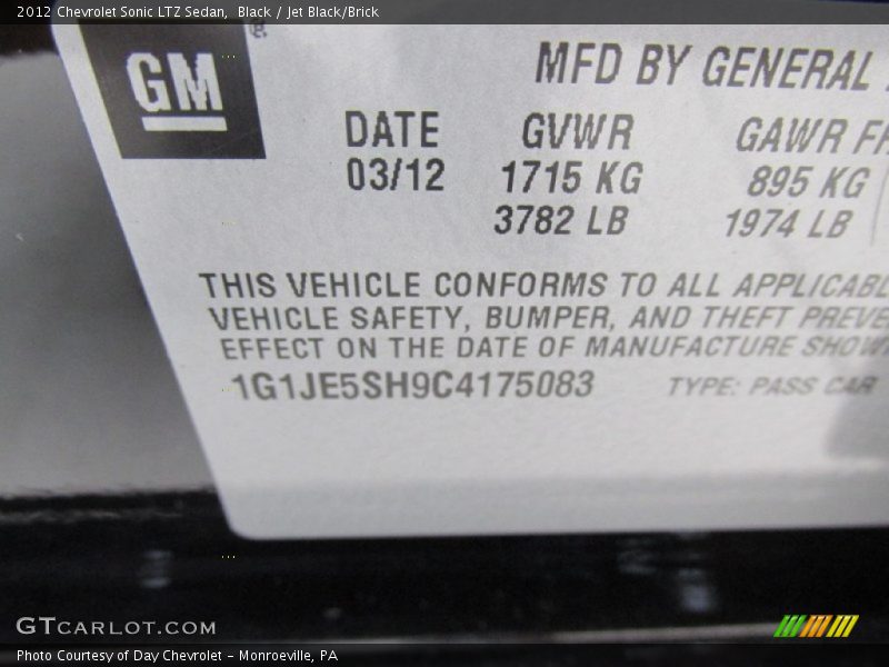 Black / Jet Black/Brick 2012 Chevrolet Sonic LTZ Sedan