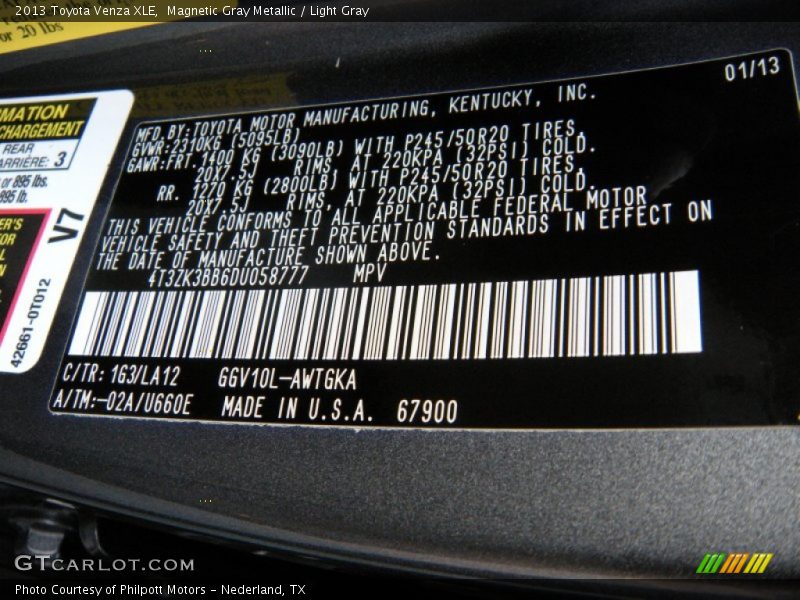 2013 Venza XLE Magnetic Gray Metallic Color Code 1G3