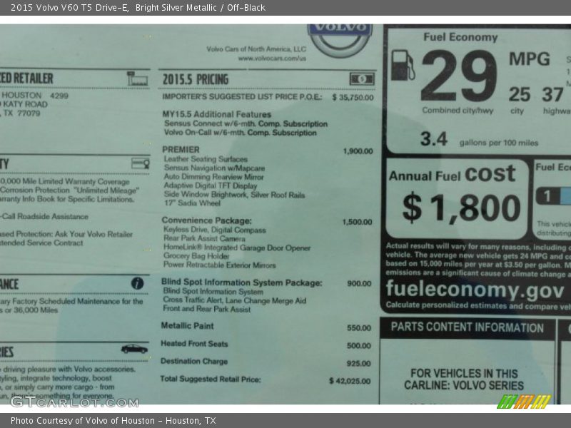 Bright Silver Metallic / Off-Black 2015 Volvo V60 T5 Drive-E