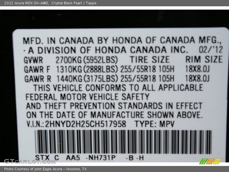 Crystal Black Pearl / Taupe 2012 Acura MDX SH-AWD