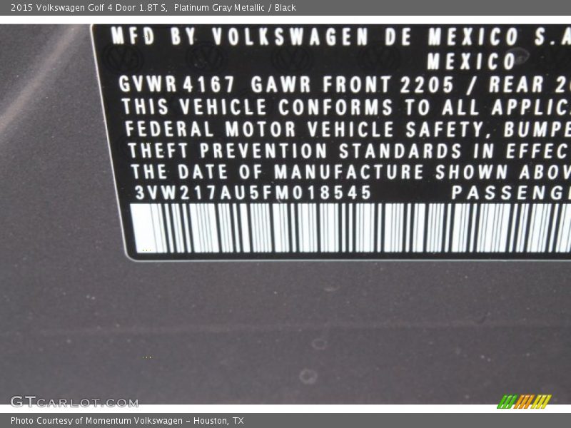 Platinum Gray Metallic / Black 2015 Volkswagen Golf 4 Door 1.8T S
