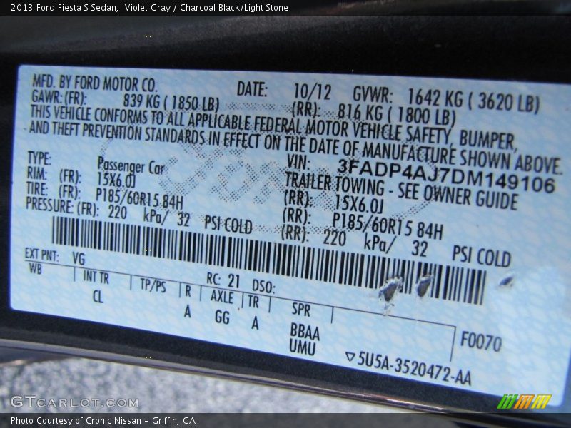 Violet Gray / Charcoal Black/Light Stone 2013 Ford Fiesta S Sedan