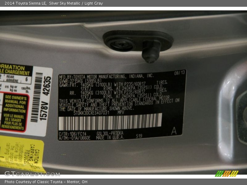 Silver Sky Metallic / Light Gray 2014 Toyota Sienna LE