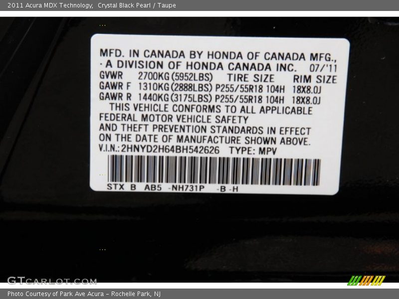 Crystal Black Pearl / Taupe 2011 Acura MDX Technology